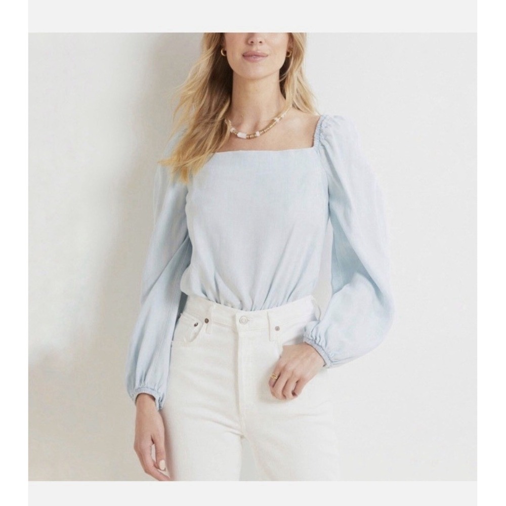 NEW Cloth And Stone Anthropologie Chambray Smocked Crop Top Sz M Boho Hippie